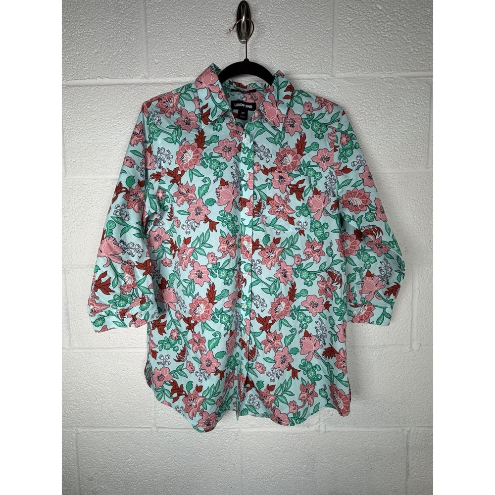 Lands' End No Iron Supima Cotton Floral Button Front Shirt 8P Petite NWT